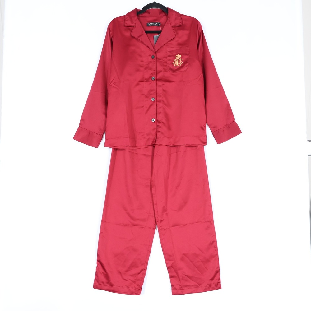 Lauren Ralph Lauren Pajama Set Women PS Red Satin Crest Holiday Festive $84 NWT